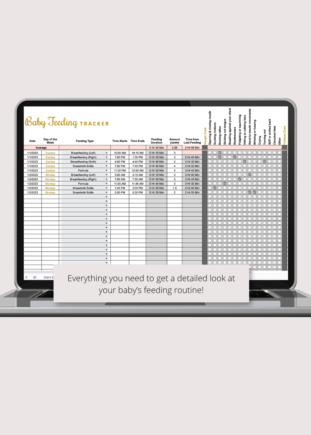 Baby Feeding Tracker with Summaries Google Sheets Spreadsheet