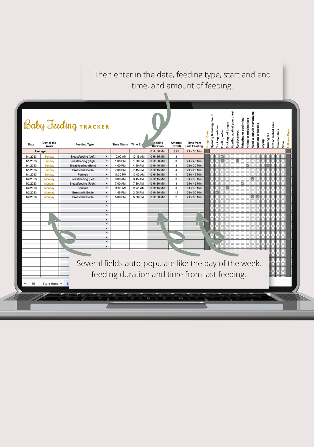 Baby Feeding Tracker with Summaries Google Sheets Spreadsheet