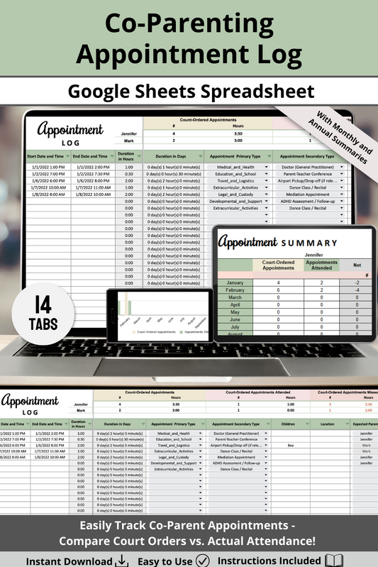 Appointment Log with Monthly and Annual Summaries Google Sheets Spreadsheet