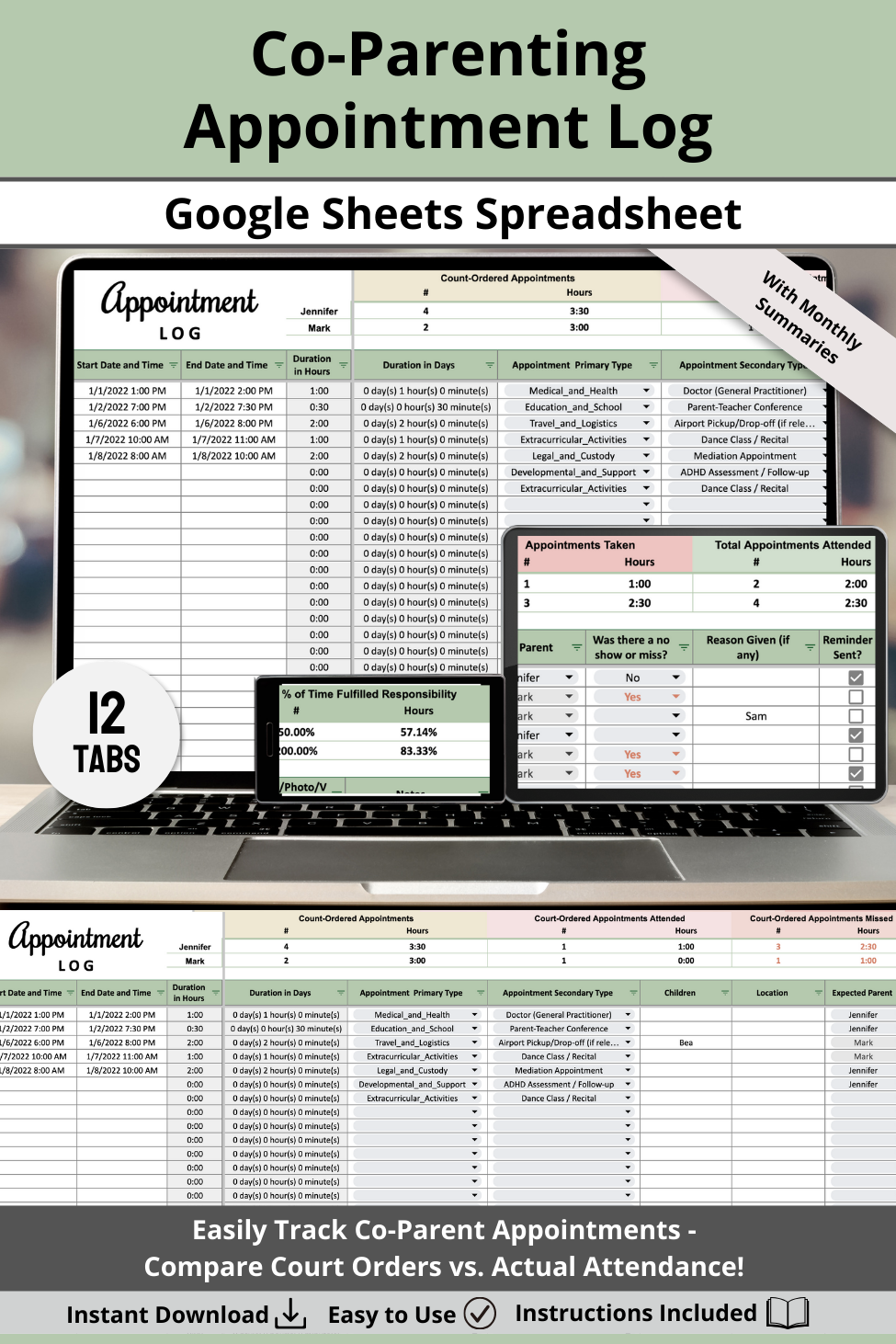 Appointment Log with Monthly Summaries Google Sheets Spreadsheet
