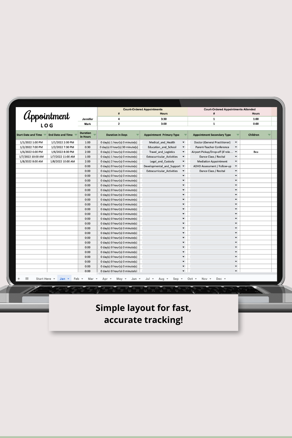 Appointment Log with Monthly Summaries Google Sheets Spreadsheet