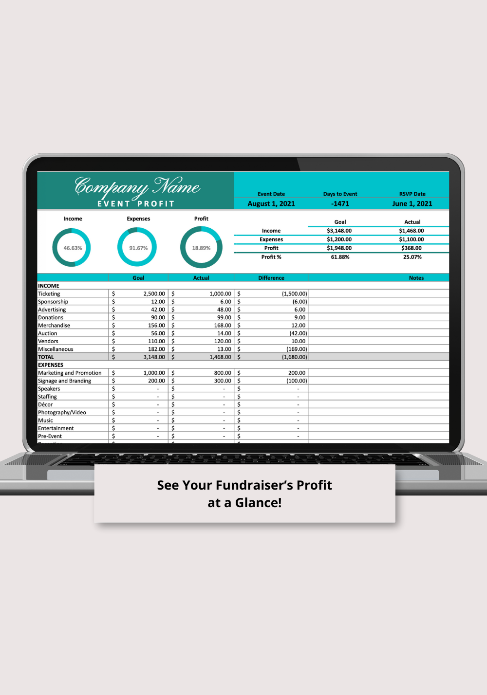 Blue and Green Gala Fundraiser Google Sheets Spreadsheet