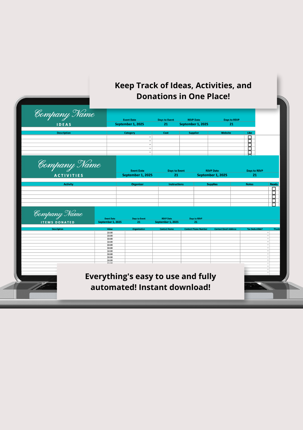 Blue and Green Gala Fundraiser Google Sheets Spreadsheet